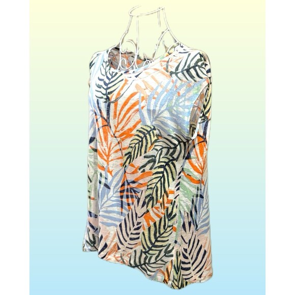 TAHARI 100% Linen Slub Knit Button Back Women’s T-Shirt Top Size M in Leaf Print - Picture 5 of 5